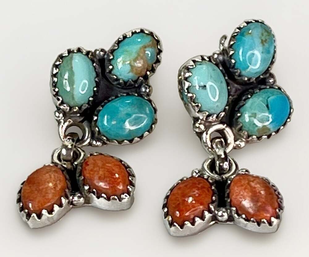 Orange Blue Mojave Turquoise Sterling Silver Cluster Drop Earrings Southwestern